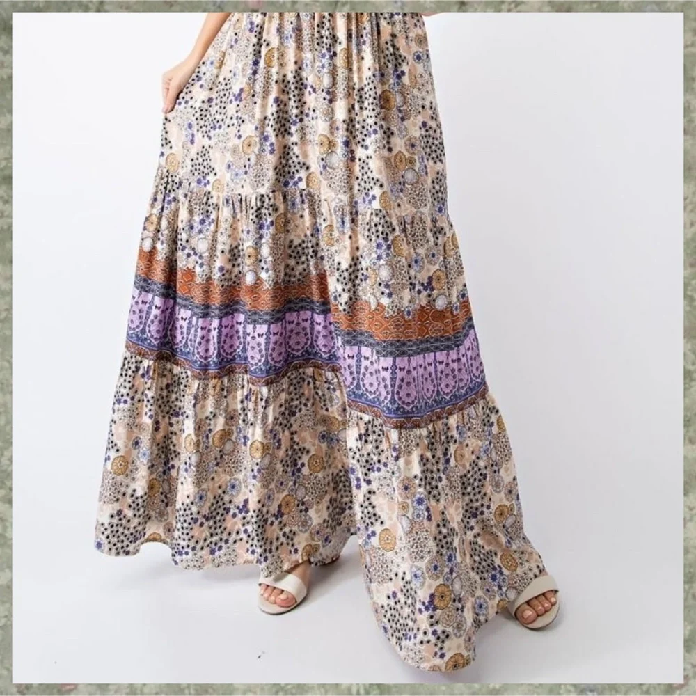 EASEL "Summer Dreams" Sexy Tiered Flowy Maxi Dress Smocked Waist Self-Tie Straps - Picture 11 of 15